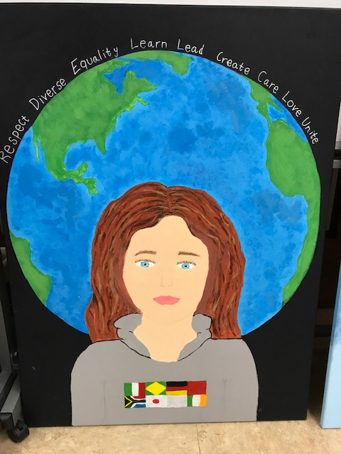 Painting of girl with painted world in background