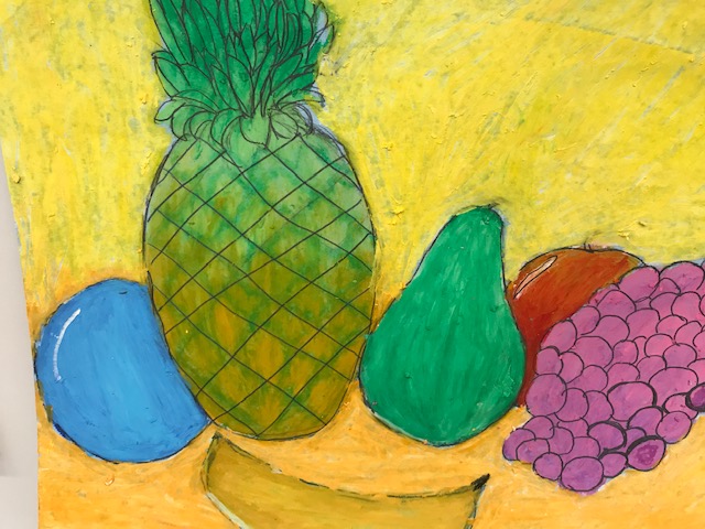 Still life of fruit (pineapple, pear, apple, grapes)
