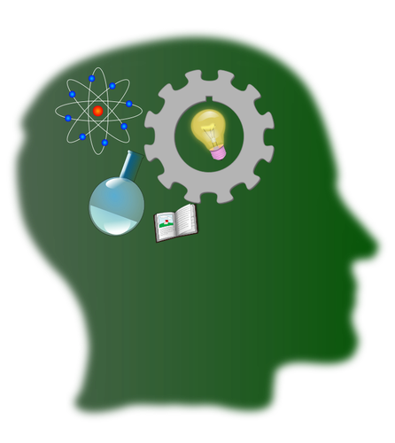 Profile of a head with symbols of science, technology and education superimposed over it 