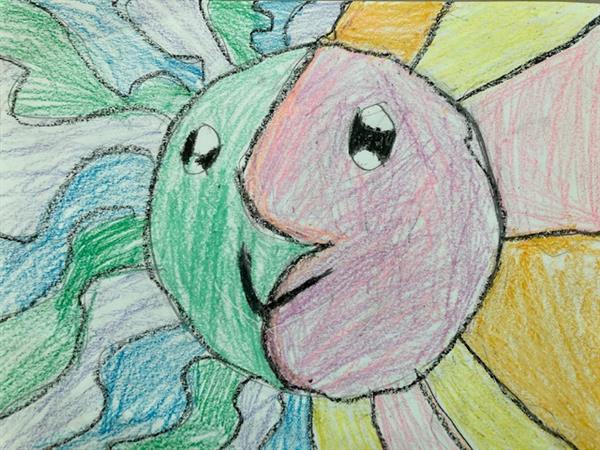 Drawing of the sun with one half colored in shades of green and the other half in shades of yellow